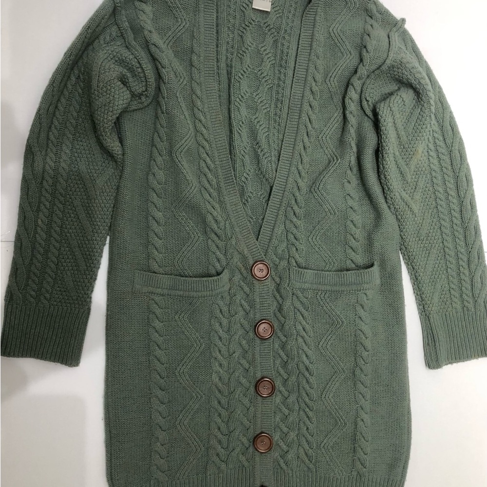 CHLOE Sage Green Cable Hand-Knit Cardigan Sweater Coat M